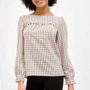 Orsay plaid ruffle trimmed keyhole back viscose blend blouse, size 34 = small.
